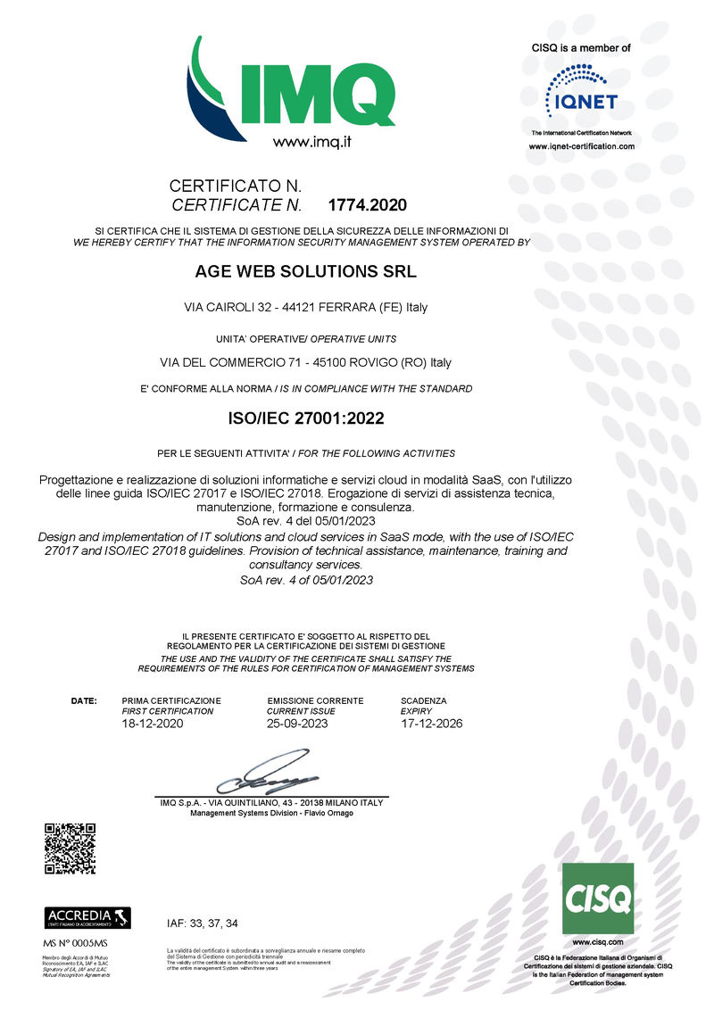 Certificato CSQ 27001-2022